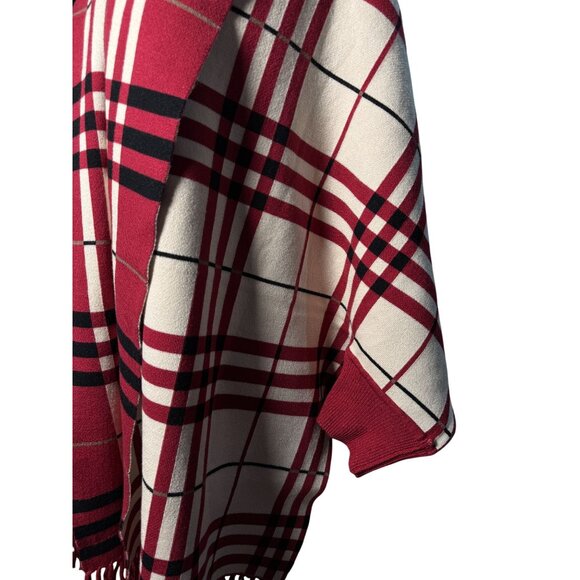 NEW Colleen Lopez Womens Plaid Fringed Wrap Shawl XL Red Black Cozy Chic Cape - Picture 7 of 10